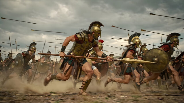 Ancient Greek Hoplite Warriors Charging into Battle with Spears