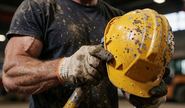 Construction Worker Holding Yellow Safety Hard Hat with Tool Dust