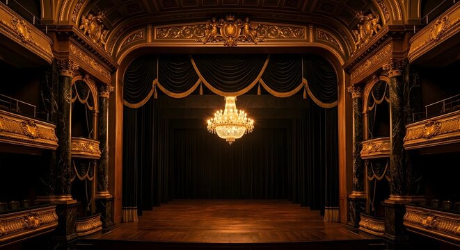 Vintage Theater Stage with Dark Velvet Curtains and Illuminated Crystal Chandelier