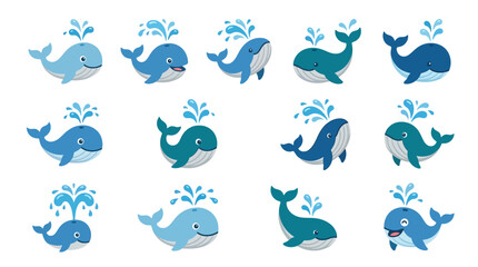 Naklejka premium Blue whale illustrations splashing in water.