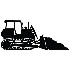 Vector silhouette illustration of bulldozer with pile of dirt, industrial heavy machinery. © MDMONI