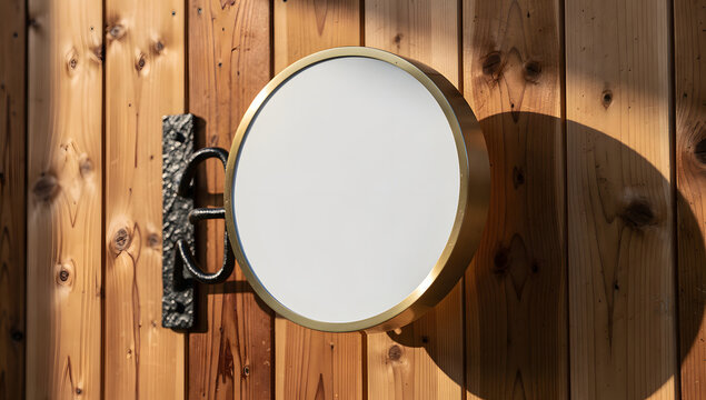 Round Brass Frame Wall Signboard Mockup Attached to Natural Pine Wood Planks