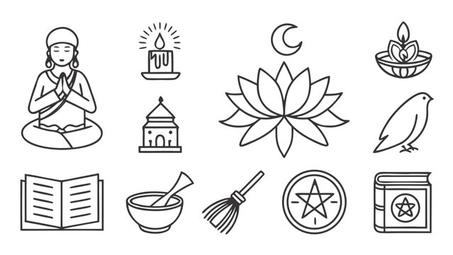 Collection of spiritual line icons featuring meditation, lotus flower, occult symbols, and mystical elements.
