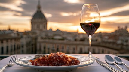 Naklejka premium Fine dining with cured meats and red wine overlooking a historic cityscape at sunset