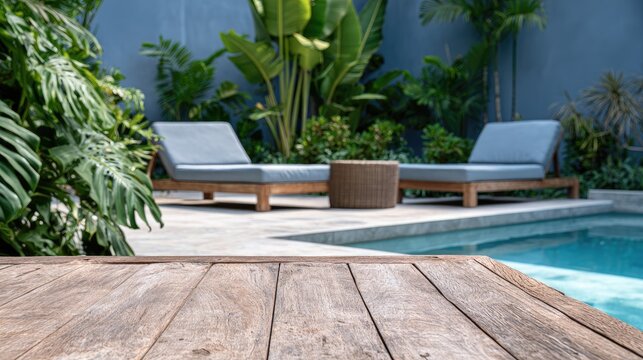 Relaxing poolside loungers surrounded by lush tropical foliage