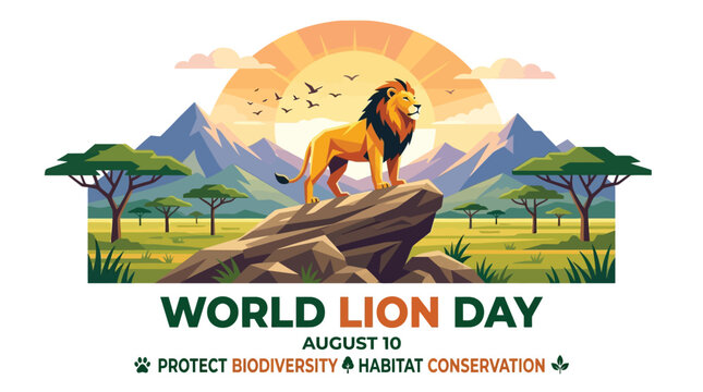 Stunning illustration of a regal lion on a rock, overlooking the vast African savanna at sunrise, embodying the spirit of wildlife conservation and ecological harmony