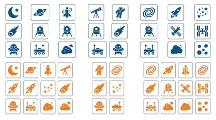 Outer space and astronomy icons set with meteorites planetary rovers satellite stations and space exploration vehicles. © Mehedi