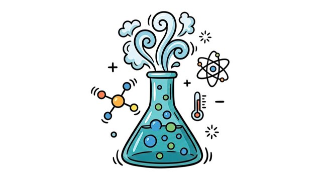Scientific experiment with bubbling flask and steam on white background for educational and design use