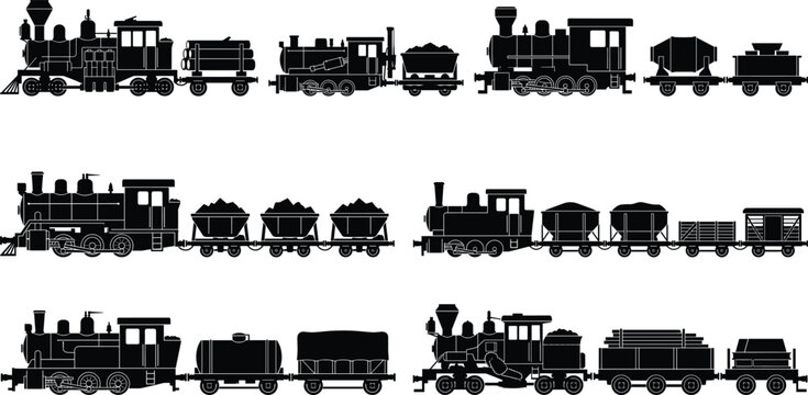 Vintage steam cargo trains and old industrial freight locomotives side view black silhouette vector icons set