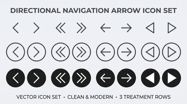 Create a clean and modern vector icon set featuring directional navigation arrows displayed in a structured three-row grid on a light gray background. Include multiple arrow styles such as single chev