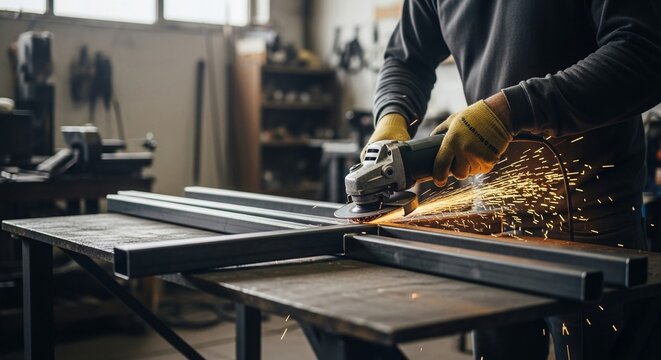 Skilled craftsman using an angle grinder to cut metal beams, creating sparks in a workshop setting.
