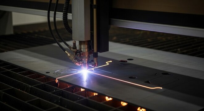 Precision plasma cutting machine precisely carves intricate patterns into a metal sheet with intense sparks and glowing light