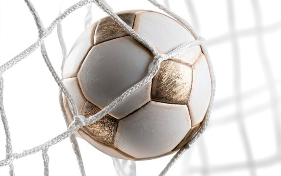 Golden soccer ball captured within the white net, focused on the goal