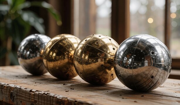 Polished Metal Spheres Grouped on Rustic Wooden Surface Indoor Still Life