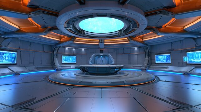 Futuristic high-tech control center with glowing screens and central console
