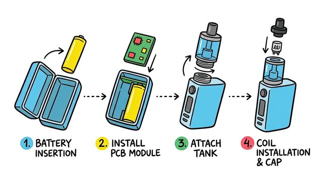 Electronic cigarette prototype assembly guide with battery insertion, pcb module installation, tank attachment, and coil setup on white background