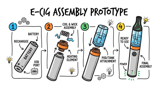 Electronic cigarette prototype assembly process illustrated in four detailed steps with colorful annotated diagram for educational and design use