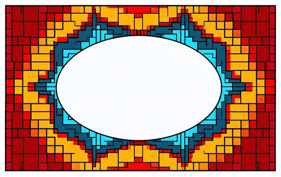 Vibrant geometric mosaic surrounds an empty oval frame with warm and cool colors
