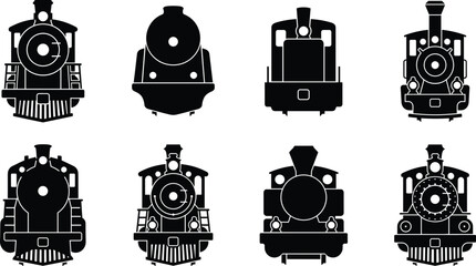 Vintage steam locomotive front view vector silhouette icons set of retro classic train engines © MDARIFUL