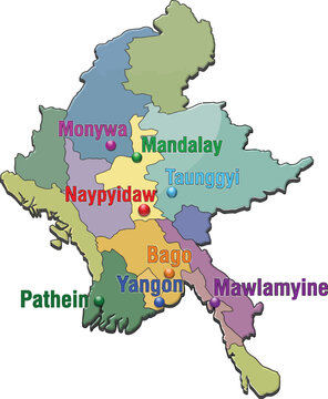 Map of Myanmar with major cities. Detailed administrative regions and urban locations.