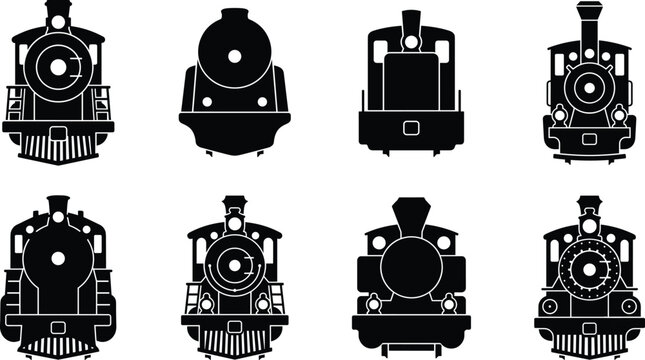 Vintage steam locomotive front view vector silhouette icons set of retro classic train engines