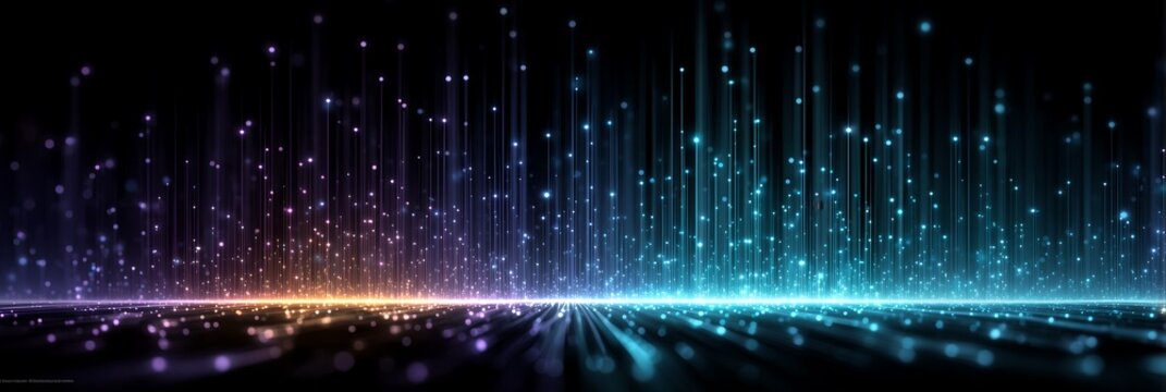 Panoramic vertical luminous light pillars and gradient particle streams shifting purple to cyan, futuristic data wave backdrop for artificial intelligence exhibition screens and digital media visuals