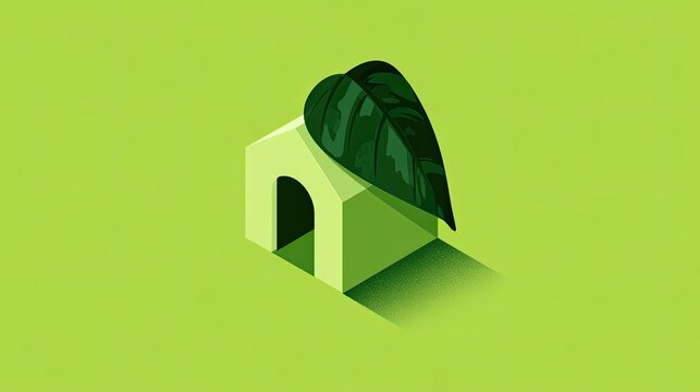 Minimalist light green abstract house shape with arched doorway and large leaf