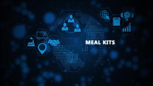 Digital meal kits service concept featuring animated global supply chain network e-commerce shopping cart, logistics delivery truck, and corporate partnership symbols in a high-tech blue hud