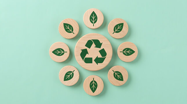 Sustainable recycling concept with wooden icons | Eco-friendly environmental conservation symbols | Green waste management and circular economy | Natural wood blocks with leaf and recycle signs