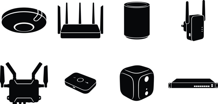 Networking Device Silhouette Collection with Router Modem Access Point and Smart Technology Icons