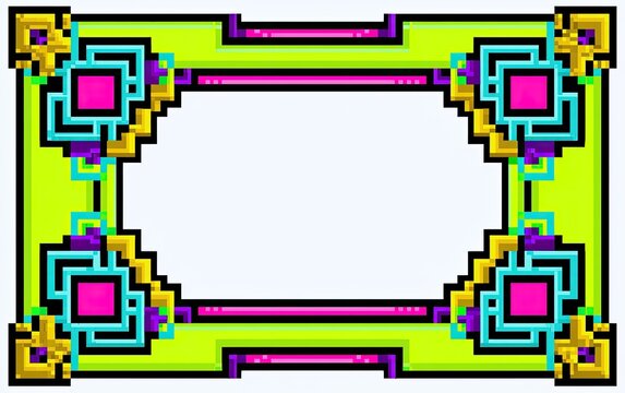Pixelated geometric frame with neon green, purple, gold, and teal accents
