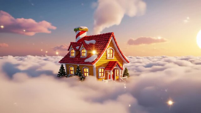 Miniature 3D house with red roof and candy cane chimney resting on fluffy white clouds under sunset sky, featuring glowing windows and rising chimney smoke.