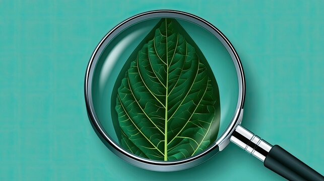 Magnifying glass focuses on intricate green leaf veins against teal background