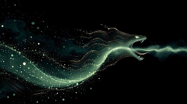 Dark emerald particle serpent smoke trail, ancient Greek mythical sea dragon creature, Homer epic style, luminous magical beast silhouette for fantasy banners and dark aesthetic artwork