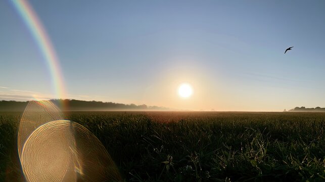 Sunrise illuminates a misty field with a bird flying in the sky