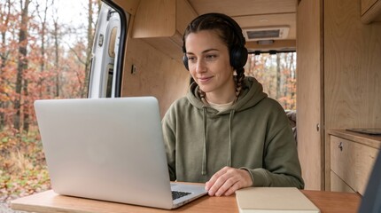Fototapeta premium Young woman wearing headphones while working on a laptop inside a light wood camper, with colorful autumn woodland beyond the open door and a quiet setting for focused remote productivity in nature