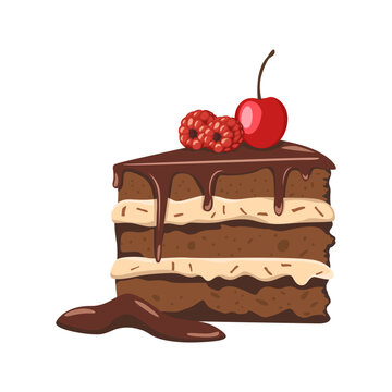 slice of chocolate cake, chocolate sponge cake, chocolate icing, decorated with fresh cherries and raspberries, dessert