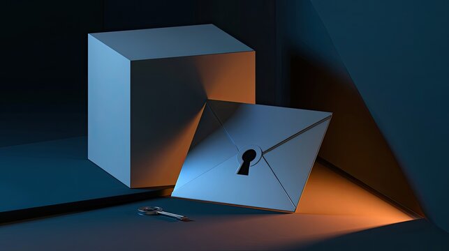 A geometric composition with a cube, a key, and a keyhole envelope