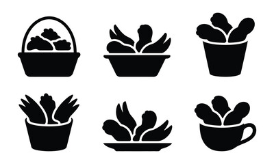 Obraz premium Graphic set of black chicken wing icons in buckets plates and various bowls.