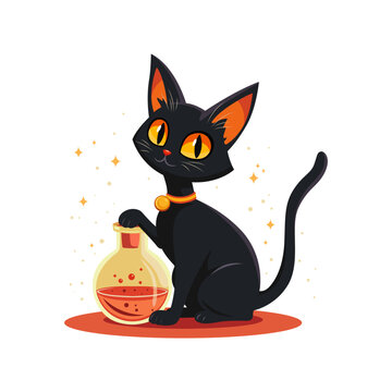 illustration of a black cat with a magic potion for Halloween, cartoon character, illustration for the design of festive themed goods