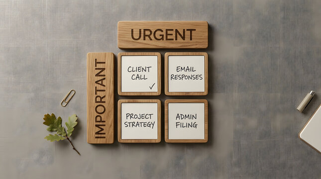 Eisenhower matrix time management tool|prioritizing work tasks productivity concept|urgent vs important business matrix|wooden blocks task organization desk