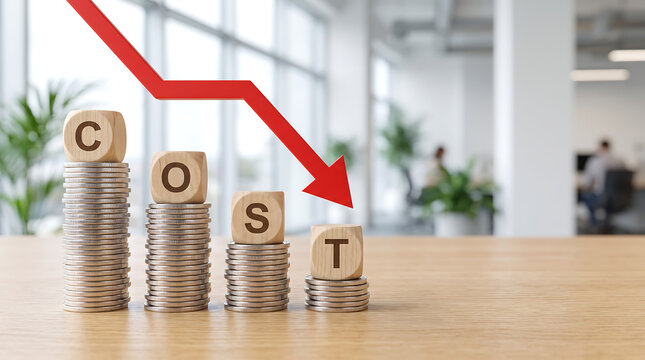 Concept of cost reduction in business finance with wooden blocks spelling COST placed on descending stacks of coins, red downward arrow, symbolizing decreasing expenses, saving