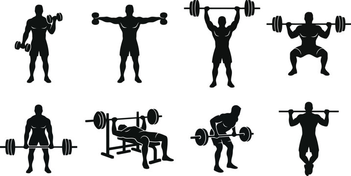 Weight training exercises set collection of fitness and gym workout silhouettes with various weightlifting and bodybuilding movements