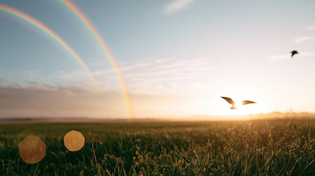 Serene sunrise over grassy field with double rainbow and flying birds