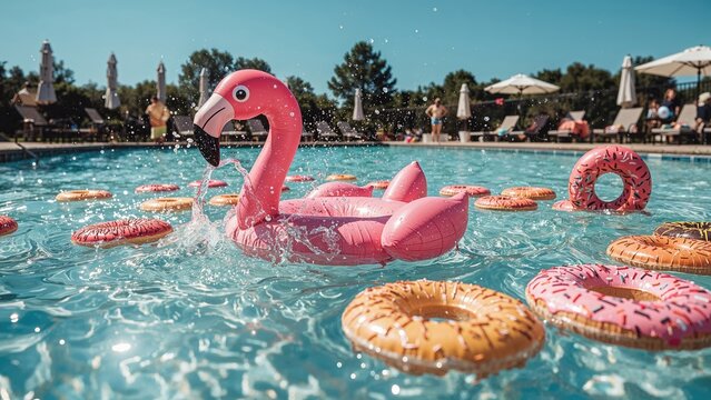 A pink flamingo-shaped float in a swimming pool with colorful donuts floating around, people relaxing under umbrellas in the background.