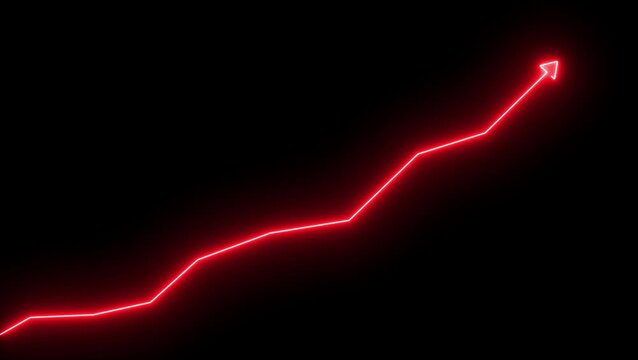 Glowing neon line market Recovery Concept. Successful growth trend red line graph going Up. Abstract neon line arrow business graph on dark black background.