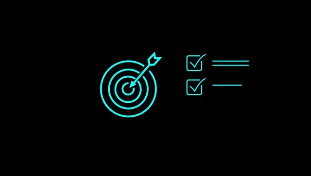 A person is visually demonstrating strategic goal setting and achievement through digital technology precision and successful task completion in a modern business animation on black background.
