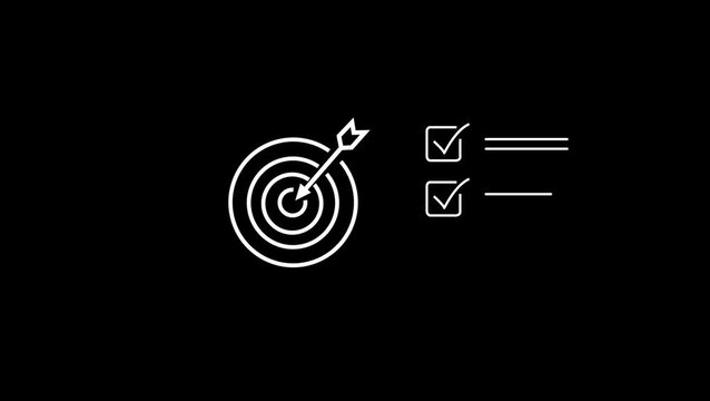 A person is visually demonstrating strategic goal setting and achievement through digital technology precision and successful task completion in a modern business animation on black background.