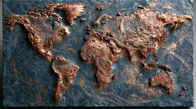 Textured copper world map relief on dark textured stone background