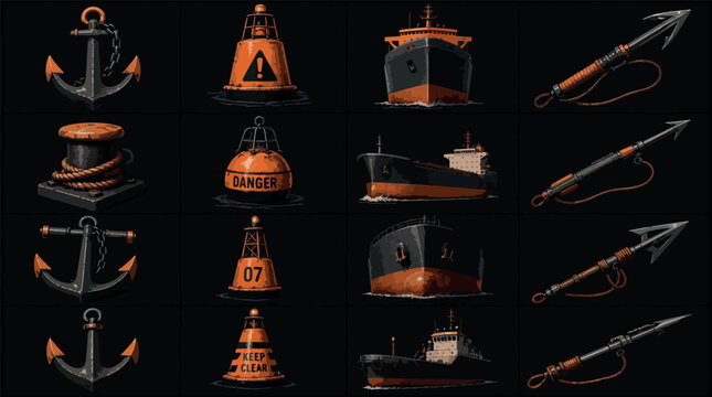 Collection of maritime objects including anchors, buoys, ships, and harpoons.